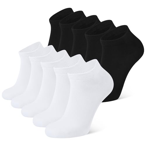 CLOSEMATE 10 Paar Baumwoll Knöchelsocken Atmungsaktive Sommer Herbst Fußlinge Damen Herren Sneakersocken Anti-Rutsch Low Cut Ankle Socks Black White 5Schwarz 5Weiß 43-46 L von CLOSEMATE