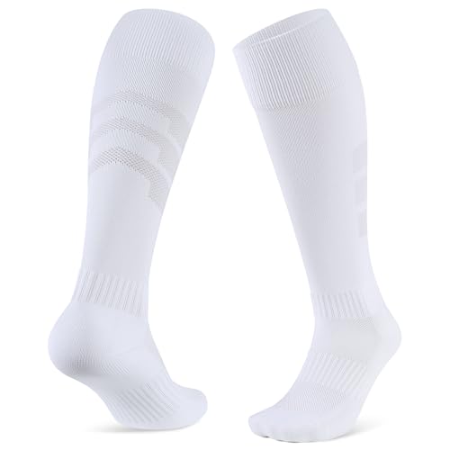 CLOSEMATE 2 Paar Lange Fußball Socken Herren Fußballsocken Kompressionsstrümpfe Kompressionssocken Stützstrümpfe Fußball Stutzen Laufsocken Sportsocken für Fussball Training 47-50 2Weiß XL von CLOSEMATE