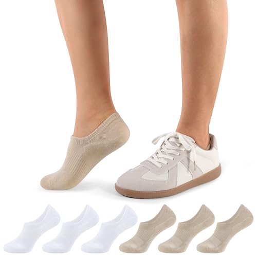 CLOSEMATE Sneaker Socken Damen 35-38 39-42 Füßlinge Füsslinge Baumwolle Gepolsterte Freizeitsocken Sneakesocken Kurzsocken Rutschfestes Silikon Atmungsaktiv 3Weiß 3Beige S von CLOSEMATE