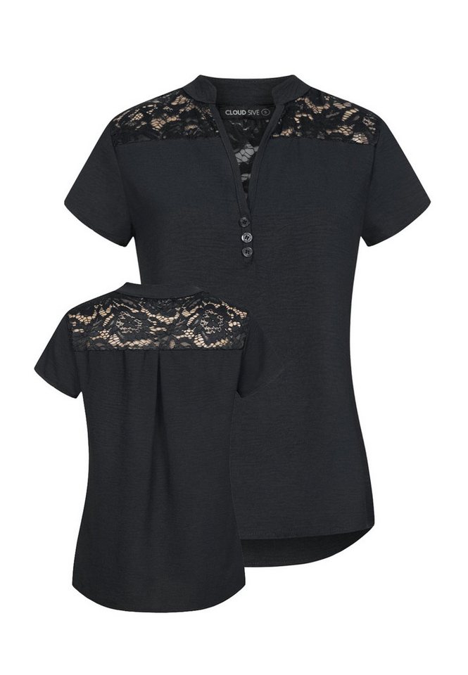 CLOUD 5IVE Klassische Bluse CLOUD 5IVE Musselin Shirt V-Neck mit Deko Knopfleiste und Spitze von CLOUD 5IVE