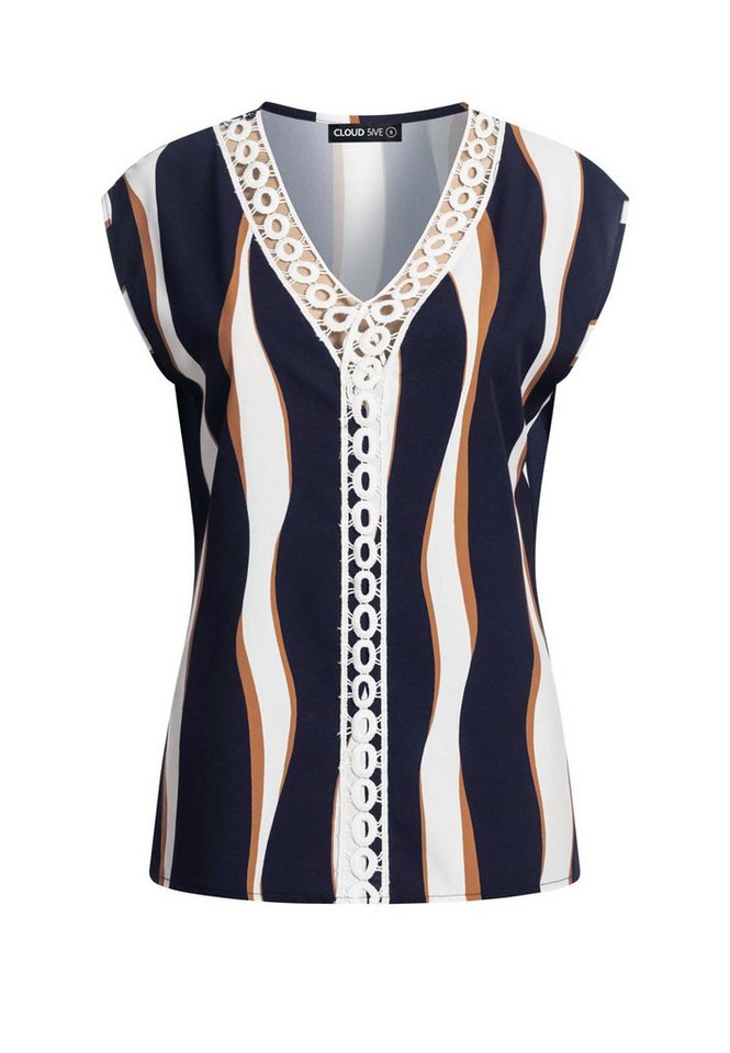 CLOUD 5IVE T-Shirt CLOUD 5IVE V-Neck Top mit Häkelbordüre und Wellen Print (1-tlg) von CLOUD 5IVE