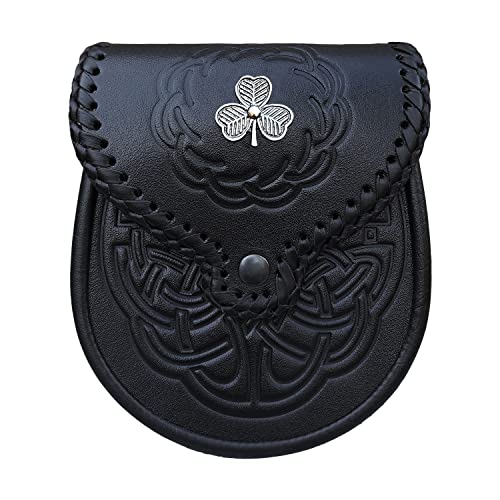 CLOUD KILT Sporran Kilt für Herren, Premium-Lederqualität, traditioneller schottischer Kilt, mit Kette, Gürtel, Kilt-Zubehör für Herren, Schwarzes Kleeblatt, Adjustable von CLOUD KILT