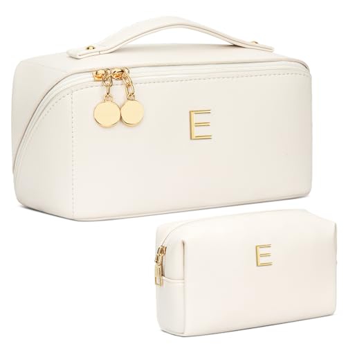 CLOUDWINGS Geburtstagsgeschenke für Frauen, Teenager, Mädchen, personalisierbar, Make-up-Tasche, offen, flach, Reise-Kosmetiktasche mit transparenter Trennwand und Griff, Beige, E von CLOUDWINGS