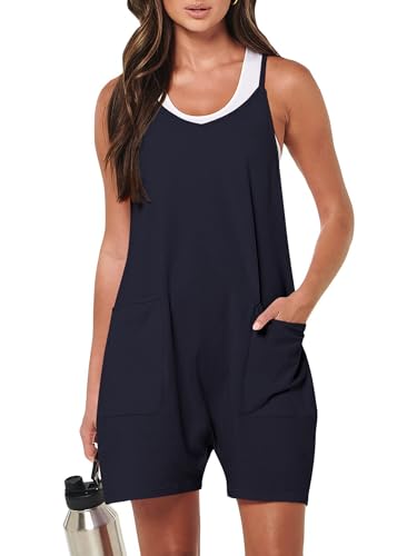 CLOUPSO Jumpsuit Damen Sommer Träger Lässiger Kurz Arbeitshose Latzhosen Ärmellos Overall Lose Einteiler Romper Hosenanzug mit Spagettiträger mit Große Taschen Blau S von CLOUSPO