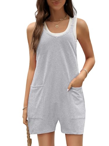 CLOUPSO Jumpsuit Damen Sommer Träger Lässiger Kurz Arbeitshose Latzhosen Ärmellos Overall Lose Einteiler Romper Hosenanzug mit Spagettiträger mit Große Taschen Grau M von CLOUSPO