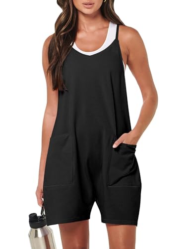 CLOUPSO Jumpsuit Damen Sommer Träger Lässiger Kurz Arbeitshose Latzhosen Ärmellos Overall Lose Einteiler Romper Hosenanzug mit Spagettiträger mit Große Taschen Schwarz M von CLOUSPO