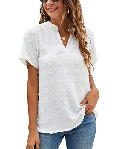 CLOUSPO Chiffon Blusen Damen Kurzarm Blusen T Shirt mit V Ausschnitt Sommer Blusen mit Tupfen für Freizeit Tunika(Weiss,S) von CLOUSPO