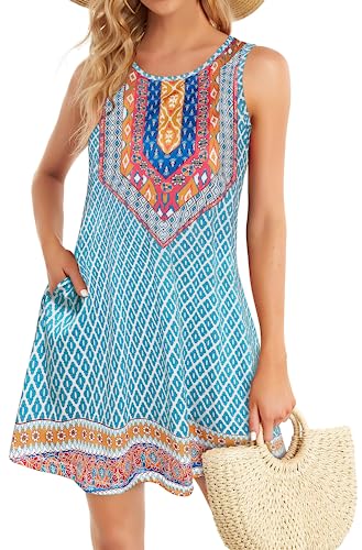 CLOUSPO Damen Ärmellos Sommer Kleid Lässig Tankkleid Rundhals Strandkleid mit Taschen(Blau, S) von CLOUSPO