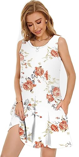 CLOUSPO Damen Ärmellos Sommer Kleid Lässig Tankkleid Rundhals Strandkleid mit Taschen(Weiss, L) von CLOUSPO