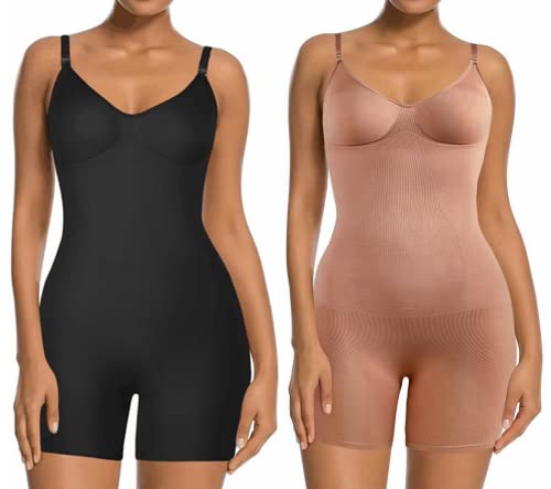 CLOUSPO Damen Bodysuit Figurenformende Bodys Damen Bauchweg Shapewear nahtlose Body Shaper 1/2 Stücke Shapewear Set(Schwarz+Haut,L/XL) von CLOUSPO