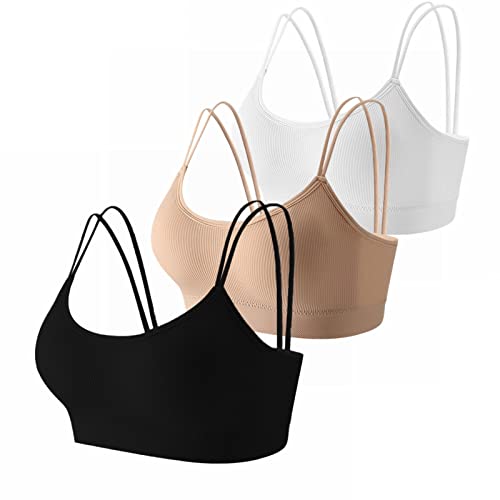 CLOUSPO Damen Bralette Doppelte Spaghettiträge Bustier Damen Seamless BH ohne Bügel Sport BH Schlaf BH Set 1/3/6er Pack 3er Pack(Schwarz/Weiss/Beige,S) von CLOUSPO