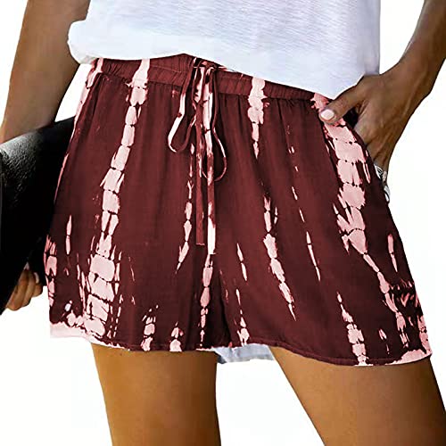 CLOUSPO Damen Shorts Sommer Casual Kurze Hosen Lose Elastische softe Kordel Taschen mit Hoher mit Weitem Bein Taille Beach Strand Shorts (Weinrot, S) von CLOUSPO