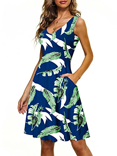 CLOUSPO Damen Sommerkleid Elegantes A Linie Kleid Einfarbig Minikleid Knielang Kleid Damen Ärmellos Tunikakleid mit Taschen für Sommer Strand(Blatt,L) von CLOUSPO