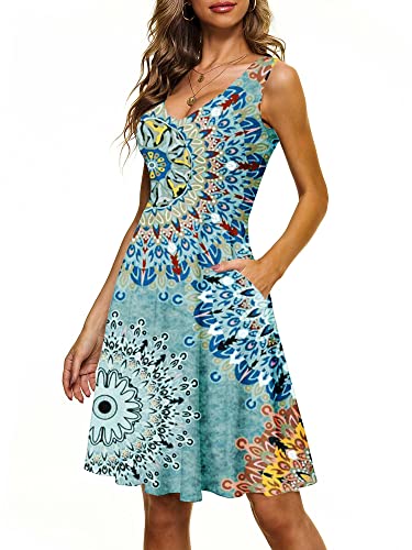 CLOUSPO Damen Sommerkleid Elegantes A Linie Kleid Einfarbig Minikleid Knielang Kleid Damen Ärmellos Tunikakleid mit Taschen für Sommer Strand(Blau Blumen,L) von CLOUSPO