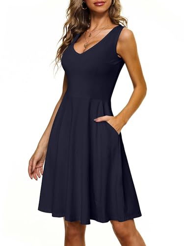 CLOUSPO Damen Sommerkleid Elegantes A Linie Kleid Einfarbig Minikleid Knielang Kleid Damen Ärmellos Tunikakleid mit Taschen für Sommer Strand(Blue,M) von CLOUSPO