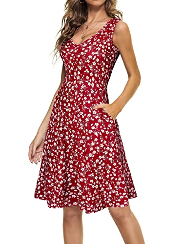 CLOUSPO Damen Sommerkleid Elegantes A Linie Kleid Einfarbig Minikleid Knielang Kleid Damen Ärmellos Tunikakleid mit Taschen für Sommer Strand(Blumen A,L) von CLOUSPO