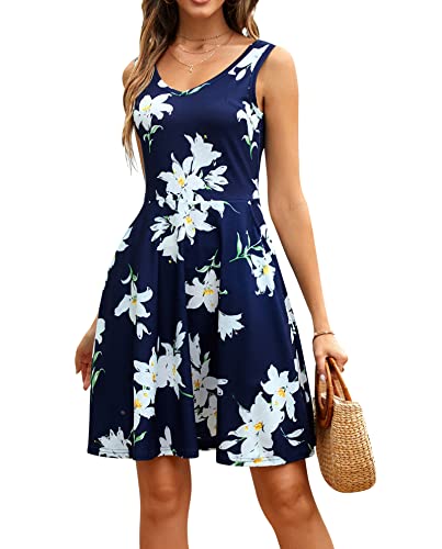 CLOUSPO Damen Sommerkleid Elegantes A Linie Kleid Einfarbig Minikleid Knielang Kleid Damen Ärmellos Tunikakleid mit Taschen für Sommer Strand(Blumen B,L) von CLOUSPO