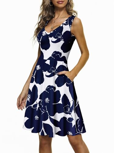 CLOUSPO Damen Sommerkleid Elegantes A Linie Kleid Einfarbig Minikleid Knielang Kleid Damen Ärmellos Tunikakleid mit Taschen für Sommer Strand(Blumen B,XL) von CLOUSPO