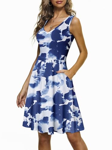CLOUSPO Damen Sommerkleid Elegantes A Linie Kleid Einfarbig Minikleid Knielang Kleid Damen Ärmellos Tunikakleid mit Taschen für Sommer Strand(Weiss,M) von CLOUSPO