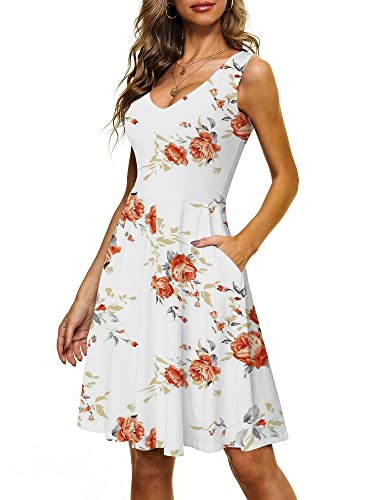 CLOUSPO Damen Sommerkleid Elegantes A Linie Kleid Einfarbig Minikleid Knielang Kleid Damen Ärmellos Tunikakleid mit Taschen für Sommer Strand(Weiss Blumen,XL) von CLOUSPO