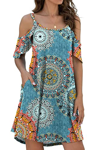 CLOUSPO Damen Sommerkleid Kurzarm Schulterfrei Mini Kleid Damen Träger Rundhalsausschnitt Elegant Chic Casual Floral Strand, Blauer Ring, Large von CLOUSPO