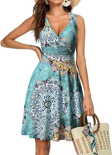 CLOUSPO Damen Sommerkleid Sommer Ärmellos Strandkleid mit V Ausschnitt Elegant Kleid Knielang Tankkleid für Strand(Blau, XL) von CLOUSPO