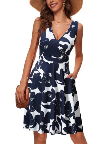 CLOUSPO Damen Sommerkleid Sommer Ärmellos Strandkleid mit V Ausschnitt Elegant Kleid Knielang Tankkleid für Strand(Blau Blumen, M) von CLOUSPO