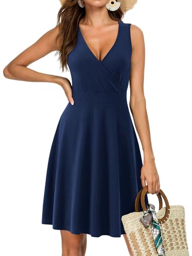 CLOUSPO Damen Sommerkleid Sommer Ärmellos Strandkleid mit V Ausschnitt Elegant Kleid Knielang Tankkleid für Strand(Dunkelblau, XL) von CLOUSPO