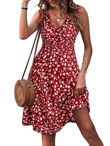 CLOUSPO Damen Sommerkleid Sommer Ärmellos Strandkleid mit V Ausschnitt Elegant Kleid Knielang Tankkleid für Strand(Rot, XL) von CLOUSPO