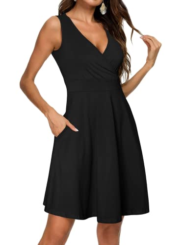 CLOUSPO Damen Sommerkleid Sommer Ärmellos Strandkleid mit V Ausschnitt Elegant Kleid Knielang Tankkleid für Strand(Schwarz, L) von CLOUSPO