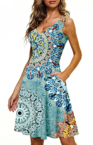 CLOUSPO Damen Sommerkleider Ärmellos Strand Casual Swing T-Shirt Midi Flora Kleid mit Tasche, C-blauer Druck, Small von CLOUSPO