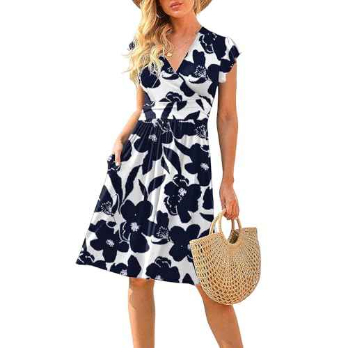 CLOUSPO Damen Sommerkleider Elegant V-Ausschnitt Boho Strandkleider Knielang Rüschen Ärmel Midi Kleid Retro Casual A-line Freizeit Kleider mit Taschen von CLOUSPO