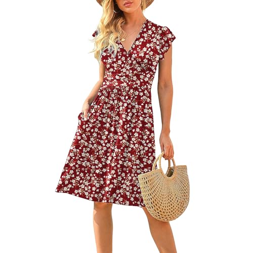 CLOUSPO Damen Sommerkleider Elegant V-Ausschnitt Boho Strandkleider Knielang Rüschen Ärmel Midi Kleid Retro Casual A-line Freizeit Kleider mit Taschen von CLOUSPO
