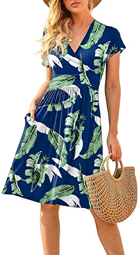 CLOUSPO Damen Sommerkleider Kurzarm Elegant V-Ausschnitt Boho Strandkleider Knielang Rüsche Retro Casual A-line Freizeit Kleider mit Taschen(Blatt, L) von CLOUSPO