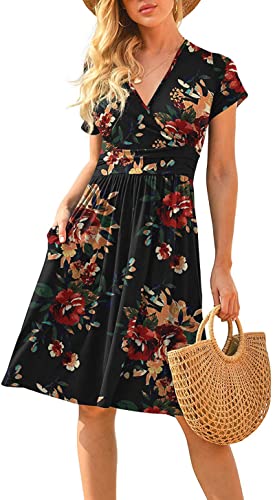 CLOUSPO Damen Sommerkleider Kurzarm Elegant V-Ausschnitt Boho Strandkleider Knielang Rüsche Retro Casual A-line Freizeit Kleider mit Taschen（Blume A，L） von CLOUSPO