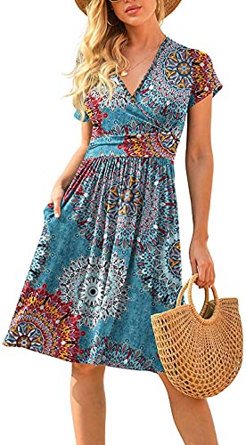 CLOUSPO Damen Sommerkleider Kurzarm Elegant V-Ausschnitt Boho Strandkleider Knielang Rüsche Retro Casual A-line Freizeit Kleider mit Taschen(Blumen D, L) von CLOUSPO