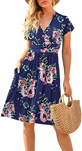 CLOUSPO Damen Sommerkleider Kurzarm Elegant V-Ausschnitt Boho Strandkleider Knielang Rüsche Retro Casual A-line Freizeit Kleider mit Taschen(Blumen E, S) von CLOUSPO