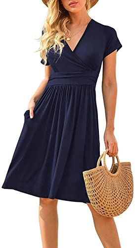 CLOUSPO Damen Sommerkleider Kurzarm Elegant V-Ausschnitt Boho Strandkleider Knielang Rüsche Retro Casual A-line Freizeit Kleider mit Taschen（Dunkelblau，L） von CLOUSPO