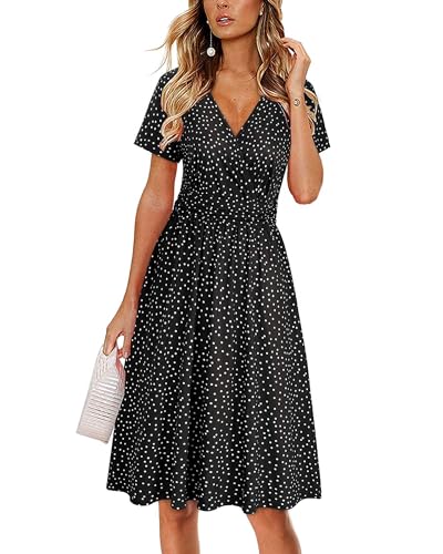 CLOUSPO Damen Sommerkleider Kurzarm Elegant V-Ausschnitt Boho Strandkleider Knielang Rüsche Retro Casual A-line Freizeit Kleider mit Taschen(Ploka Dot, S) von CLOUSPO