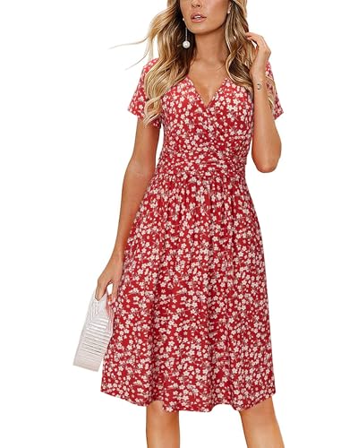 CLOUSPO Damen Sommerkleider Kurzarm Elegant V-Ausschnitt Boho Strandkleider Knielang Rüsche Retro Casual A-line Freizeit Kleider mit Taschen(RotFloral, M) von CLOUSPO