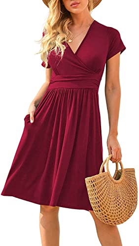 CLOUSPO Damen Sommerkleider Kurzarm Elegant V-Ausschnitt Boho Strandkleider Knielang Rüsche Retro Casual A-line Freizeit Kleider mit Taschen（Weinrot，M） von CLOUSPO