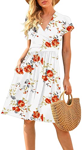 CLOUSPO Damen Sommerkleider Kurzarm Elegant V-Ausschnitt Boho Strandkleider Knielang Rüsche Retro Casual A-line Freizeit Kleider mit Taschen(Weiss Blumen, M) von CLOUSPO