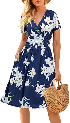 CLOUSPO Damen Sommerkleider Kurzarm Elegant V-Ausschnitt Boho Strandkleider Knielang Rüsche Retro Casual A-line Freizeit Kleider mit Taschen (Blume F, L) von CLOUSPO