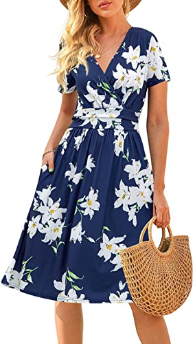CLOUSPO Damen Sommerkleider Kurzarm Elegant V-Ausschnitt Boho mit Taschen Strandkleider Knielang Rüsche Retro Casual A-line Freizeit Kleider (Blume F, S) von CLOUSPO