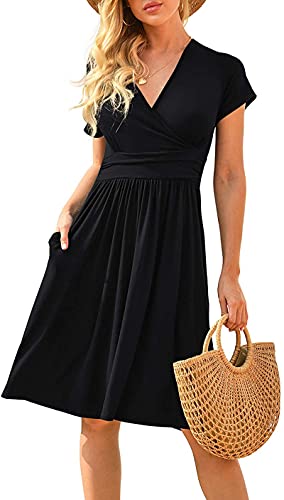 CLOUSPO Damen Sommerkleider Kurzarm Elegant V-Ausschnitt Strandkleider Knielang Rüsche Retro Casual A-line Freizeit Kleider mit Taschen（Schwarz，L） von CLOUSPO