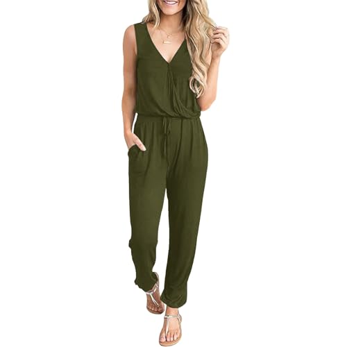 CLOUSPO Jumpsuit for Damen Sommer Elegant Playsuit Casual Overall ärmellos Romper Verstellbarer Bund V-Ausschnitt mit Taschen (Grün, M) von CLOUSPO