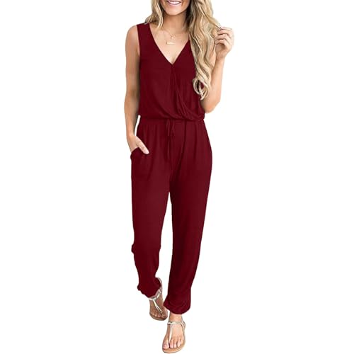 CLOUSPO Jumpsuit for Damen Sommer Elegant Playsuit Casual Overall ärmellos Romper Verstellbarer Bund V-Ausschnitt mit Taschen (Rot, M) von CLOUSPO