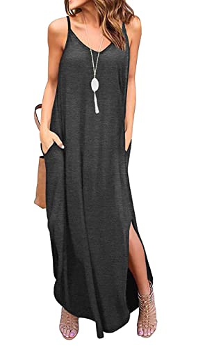 CLOUSPO Maxikleid Damen Sommerkleid Elegant Ärmellos V Ausschnitt Strandkleid Freizeitkleid (L, Dunkelgrau) von CLOUSPO