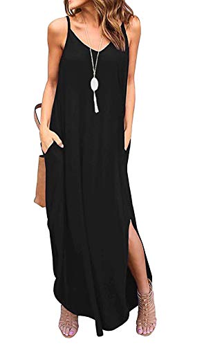 CLOUSPO Maxikleid Damen Sommerkleid Elegant Ärmellos V Ausschnitt Strandkleid Freizeitkleid (Large, Schwarz) von CLOUSPO