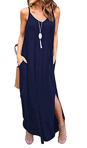 CLOUSPO Maxikleid Damen Sommerkleid Elegant Ärmellos V Ausschnitt Strandkleid Freizeitkleid (M, Dunkelblau) von CLOUSPO